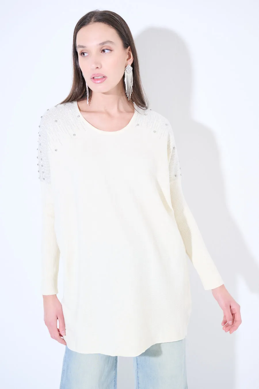 Embellished long-sleeve tunic sweater wholesale