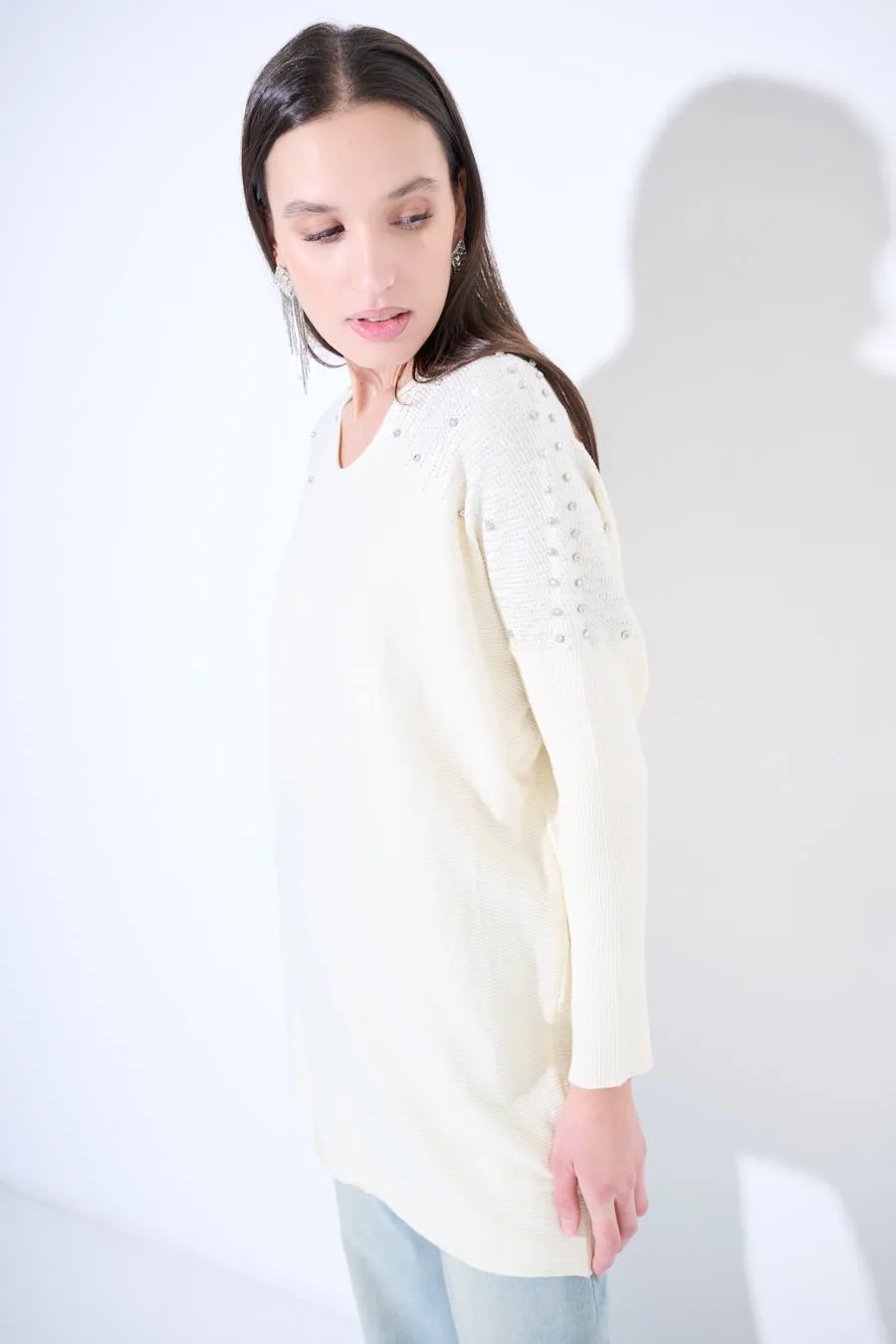 Embellished long-sleeve tunic sweater wholesale
