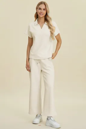 Full Size Collared Neck Short Sleeve Top and Pants Set