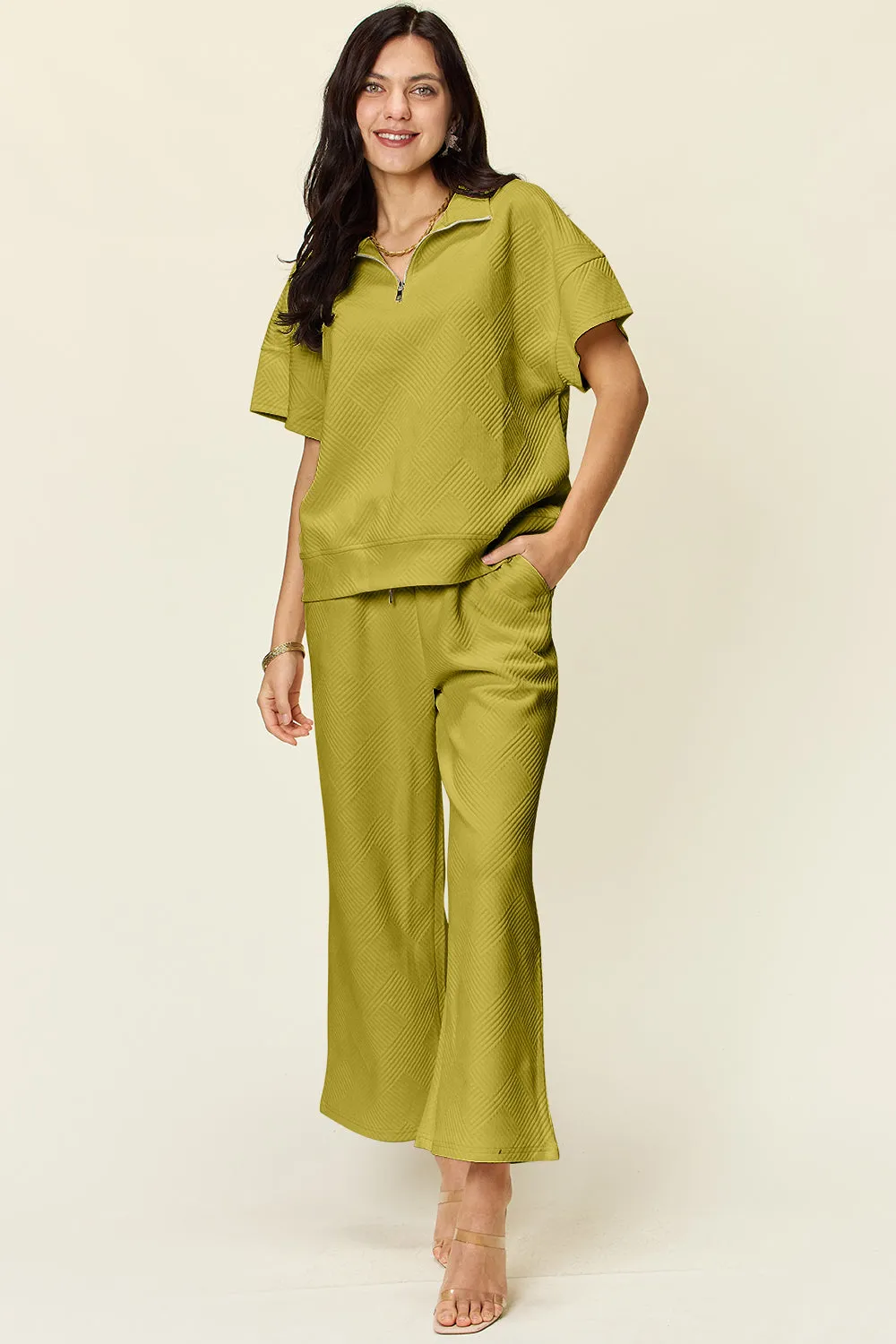 Full Size Texture Half Zip Short Sleeve Top and Pants Set
