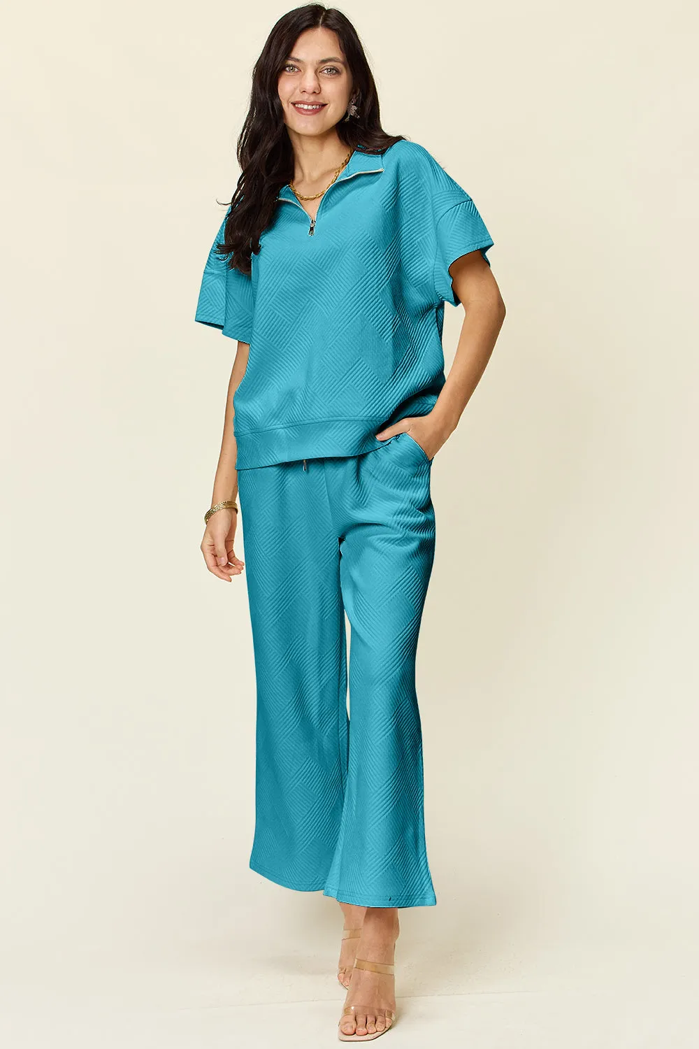 Full Size Texture Half Zip Short Sleeve Top and Pants Set