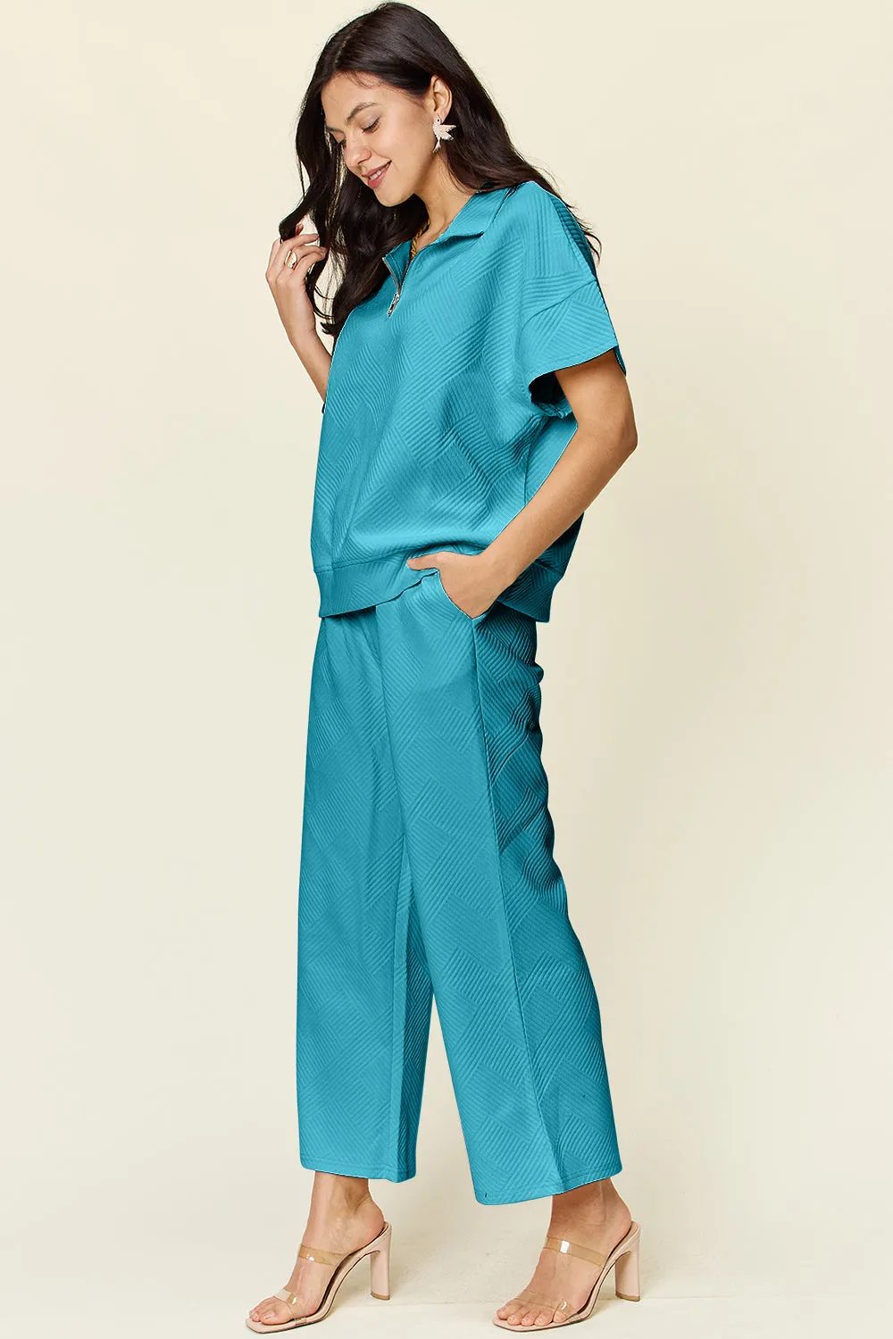 Full Size Texture Half Zip Short Sleeve Top and Pants Set