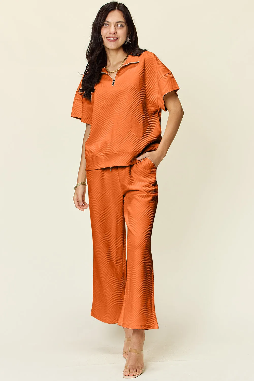 Full Size Texture Half Zip Short Sleeve Top and Pants Set