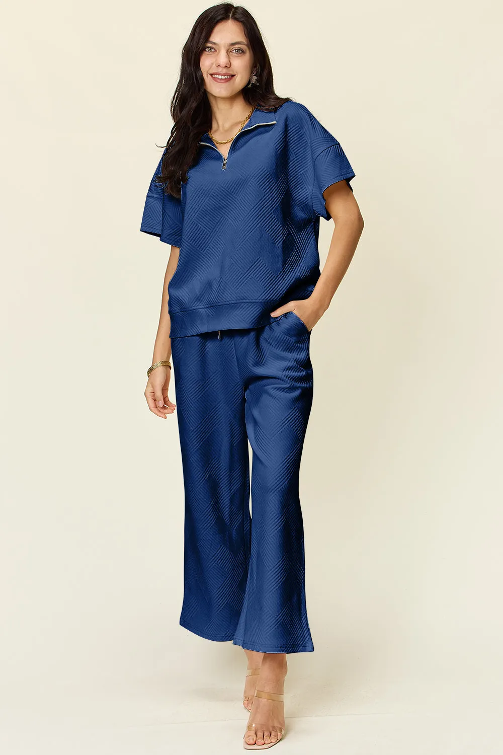 Full Size Texture Half Zip Short Sleeve Top and Pants Set