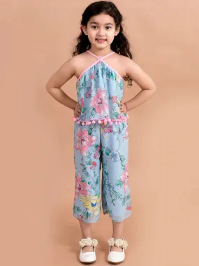 Girls Blue Pink Printed Cotton Halter Neck Umpsuit