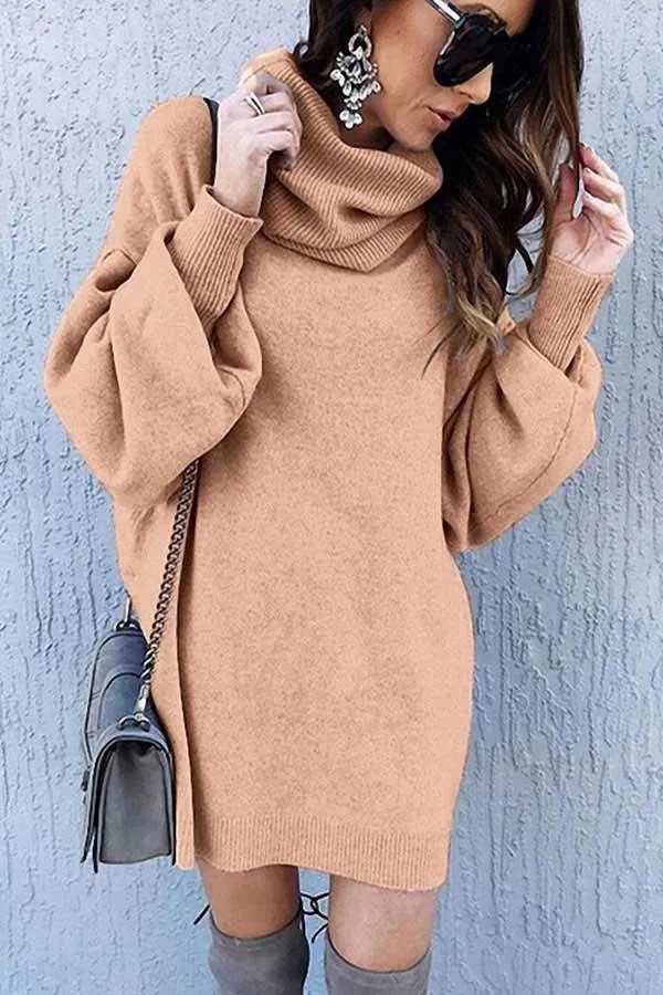 High Neck Lantern Sleeve Casual Mini Knit Dress