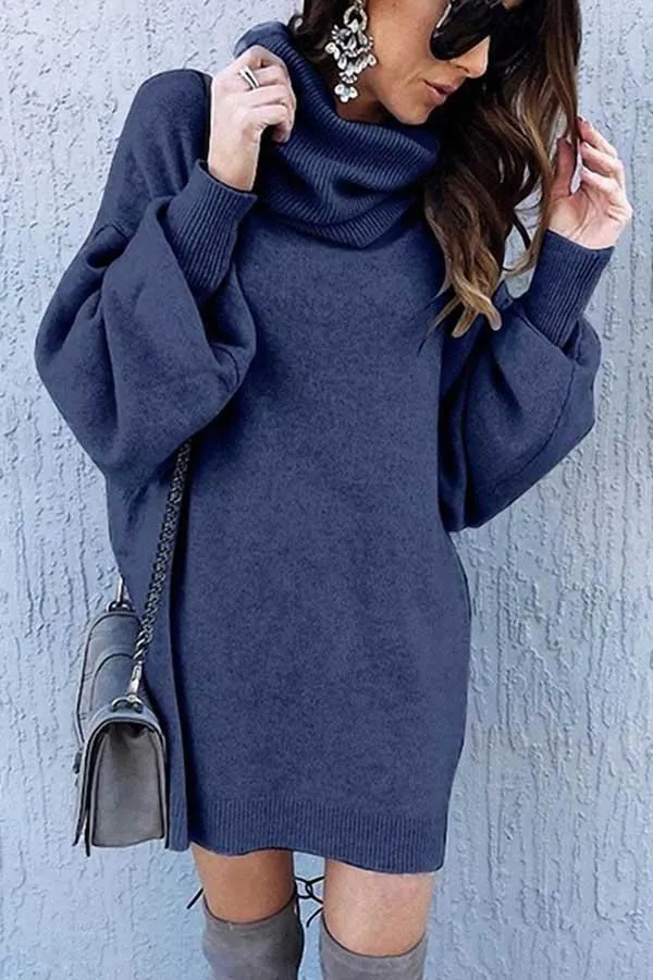 High Neck Lantern Sleeve Casual Mini Knit Dress