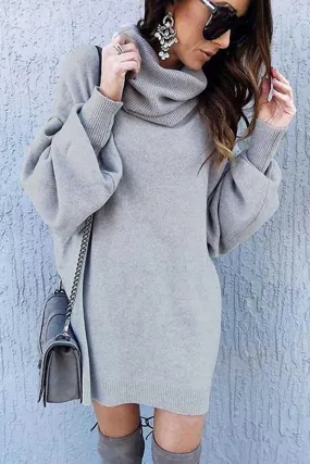 High Neck Lantern Sleeve Casual Mini Knit Dress