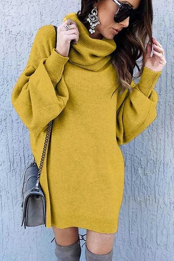 High Neck Lantern Sleeve Casual Mini Knit Dress