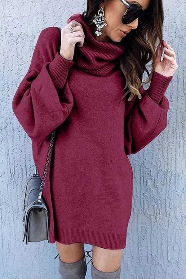 High Neck Lantern Sleeve Casual Mini Knit Dress