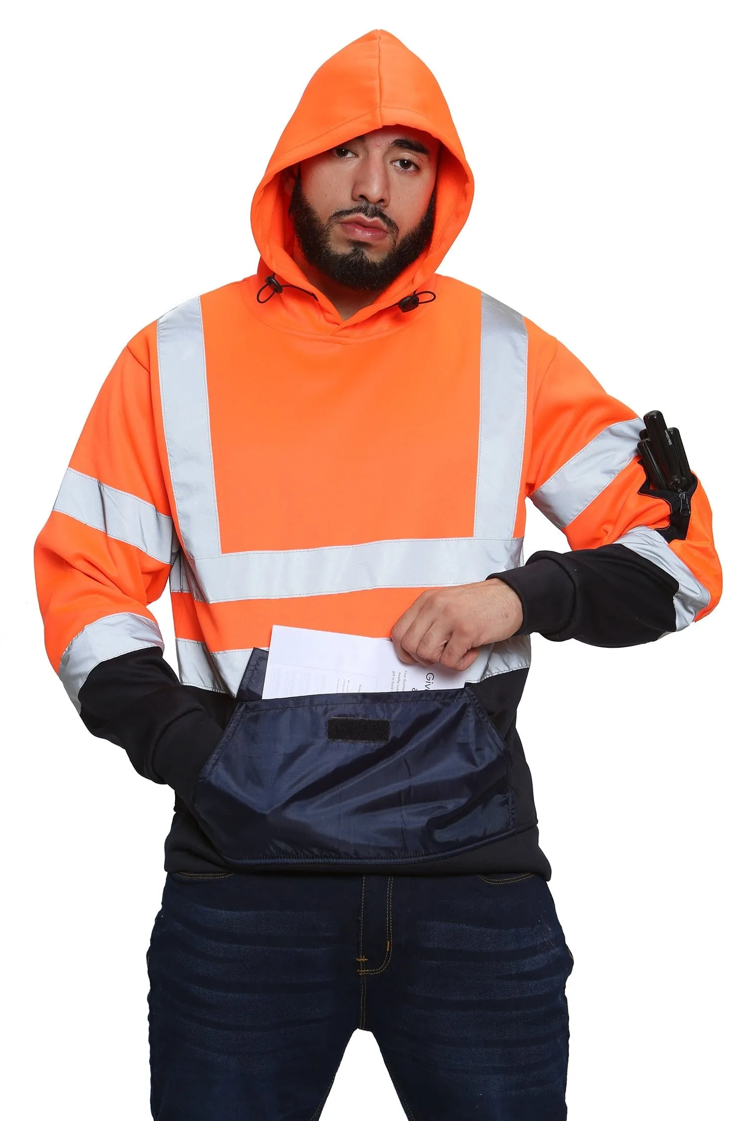 High Vis 3 Flap Pockets Pullover Hoodie - Orange/Navy