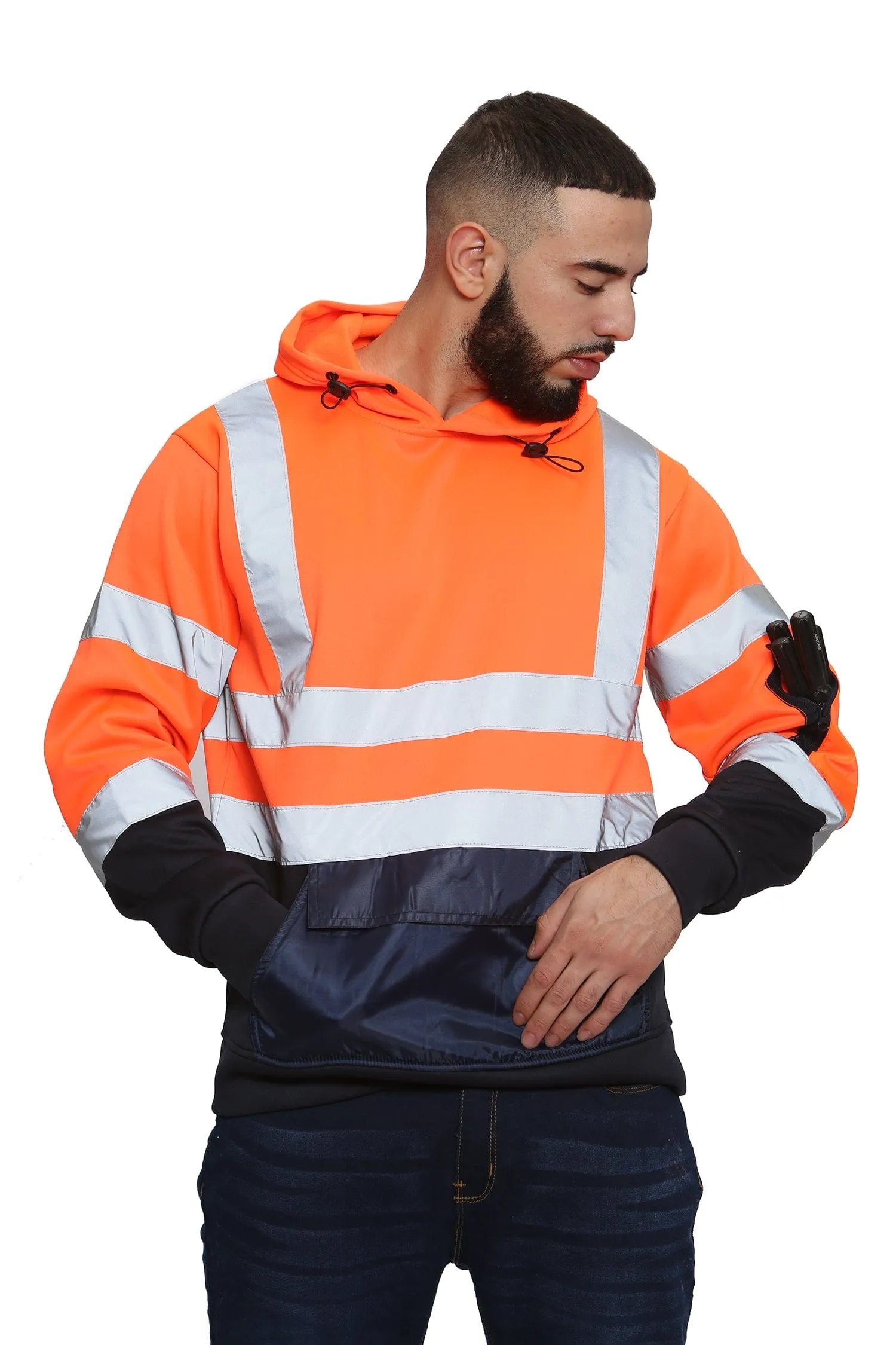 High Vis 3 Flap Pockets Pullover Hoodie - Orange/Navy