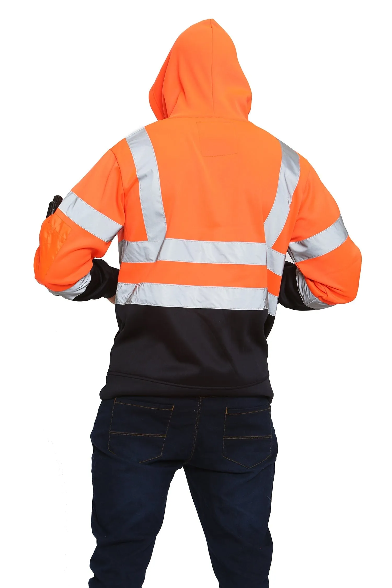 High Vis 3 Flap Pockets Pullover Hoodie - Orange/Navy