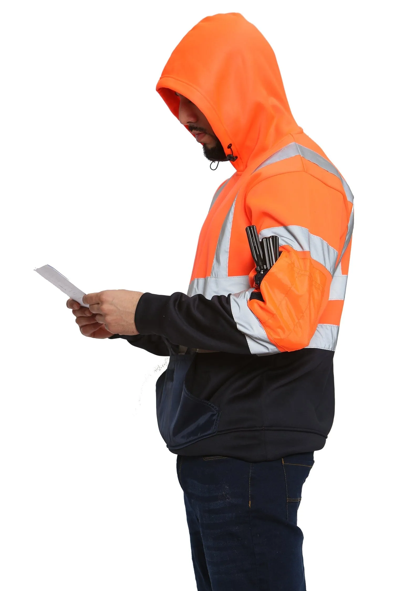 High Vis 3 Flap Pockets Pullover Hoodie - Orange/Navy