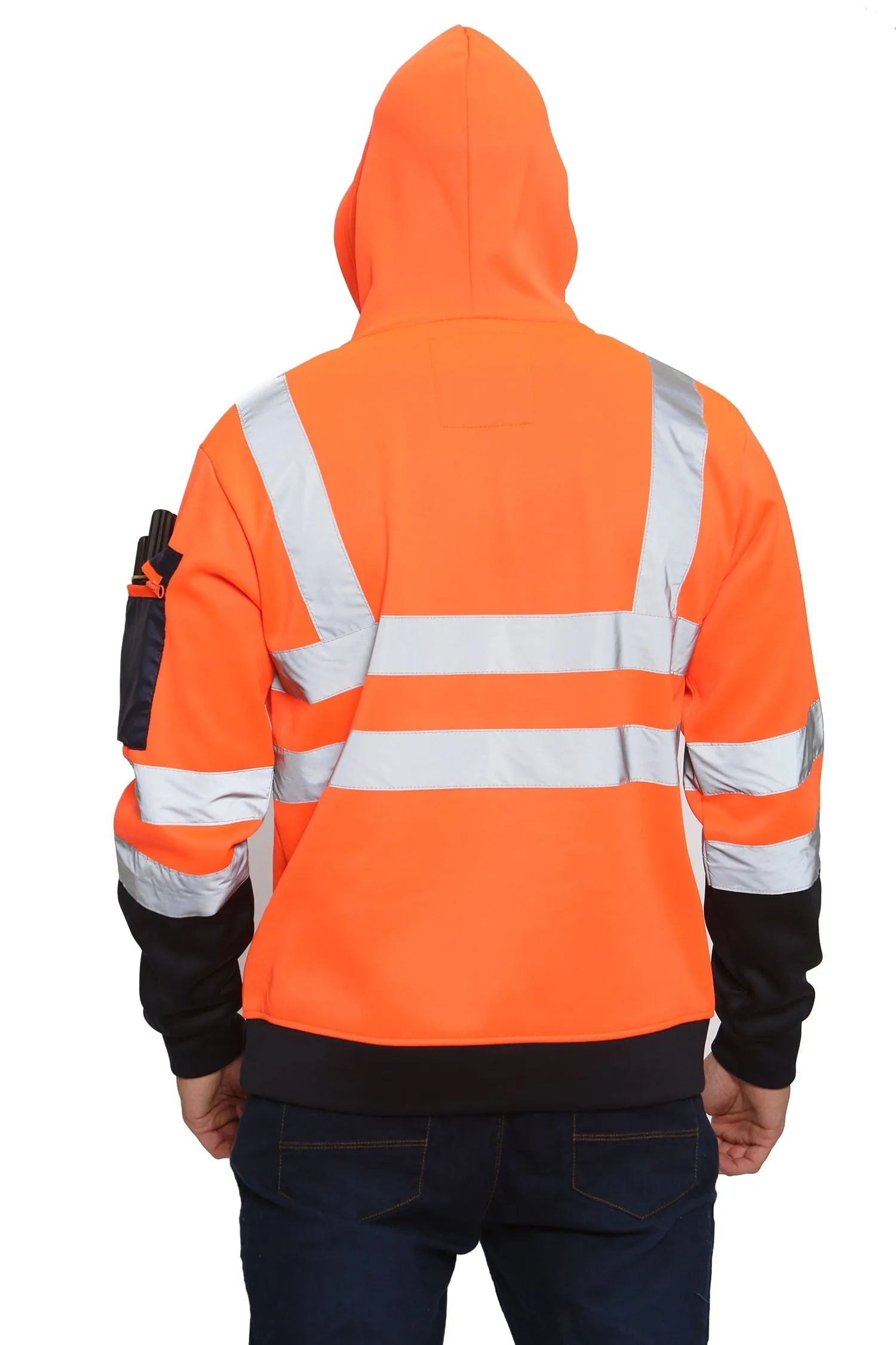 High Vis 3 Zip Pockets Pullover Hoodies - Orange/Navy