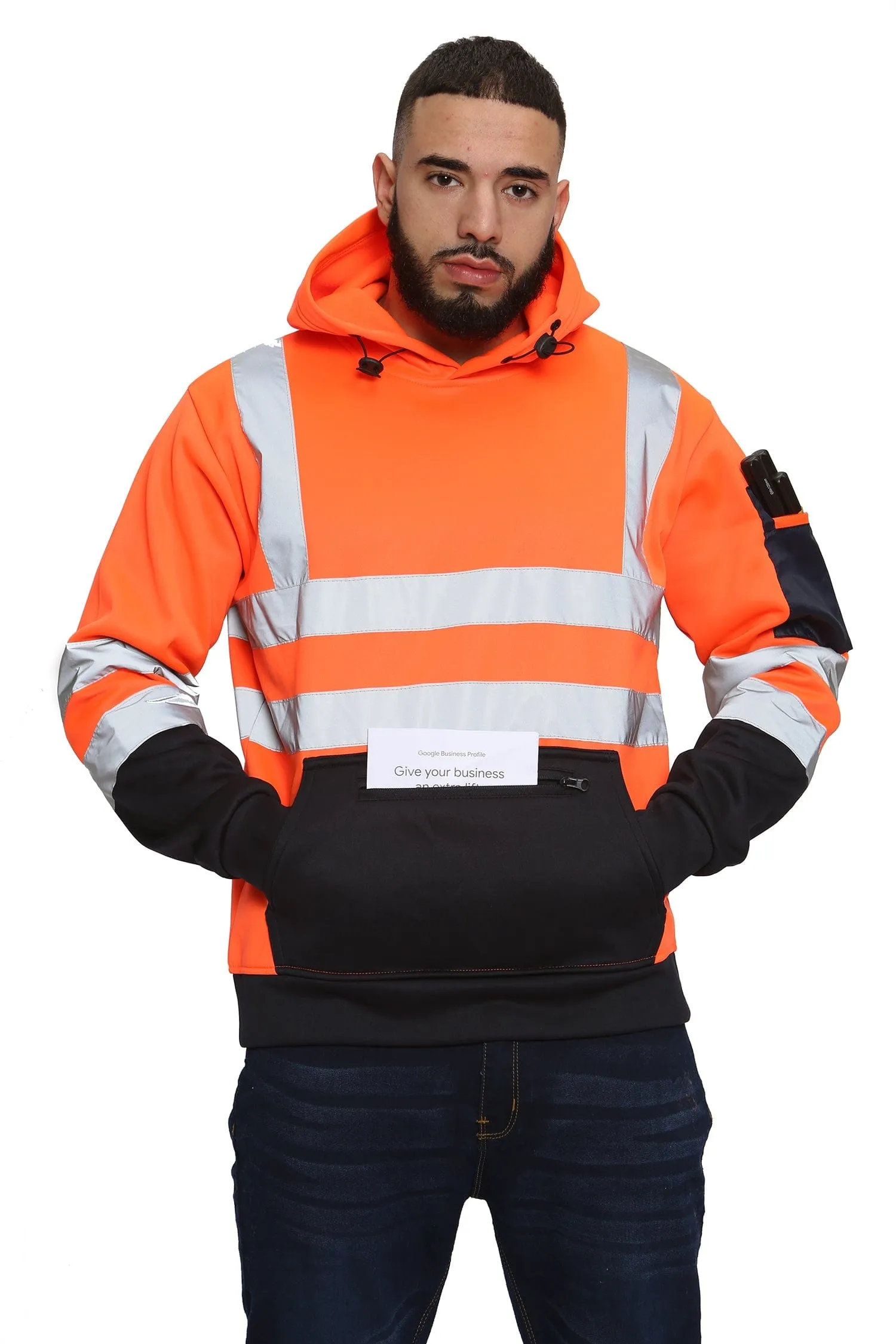High Vis 3 Zip Pockets Pullover Hoodies - Orange/Navy