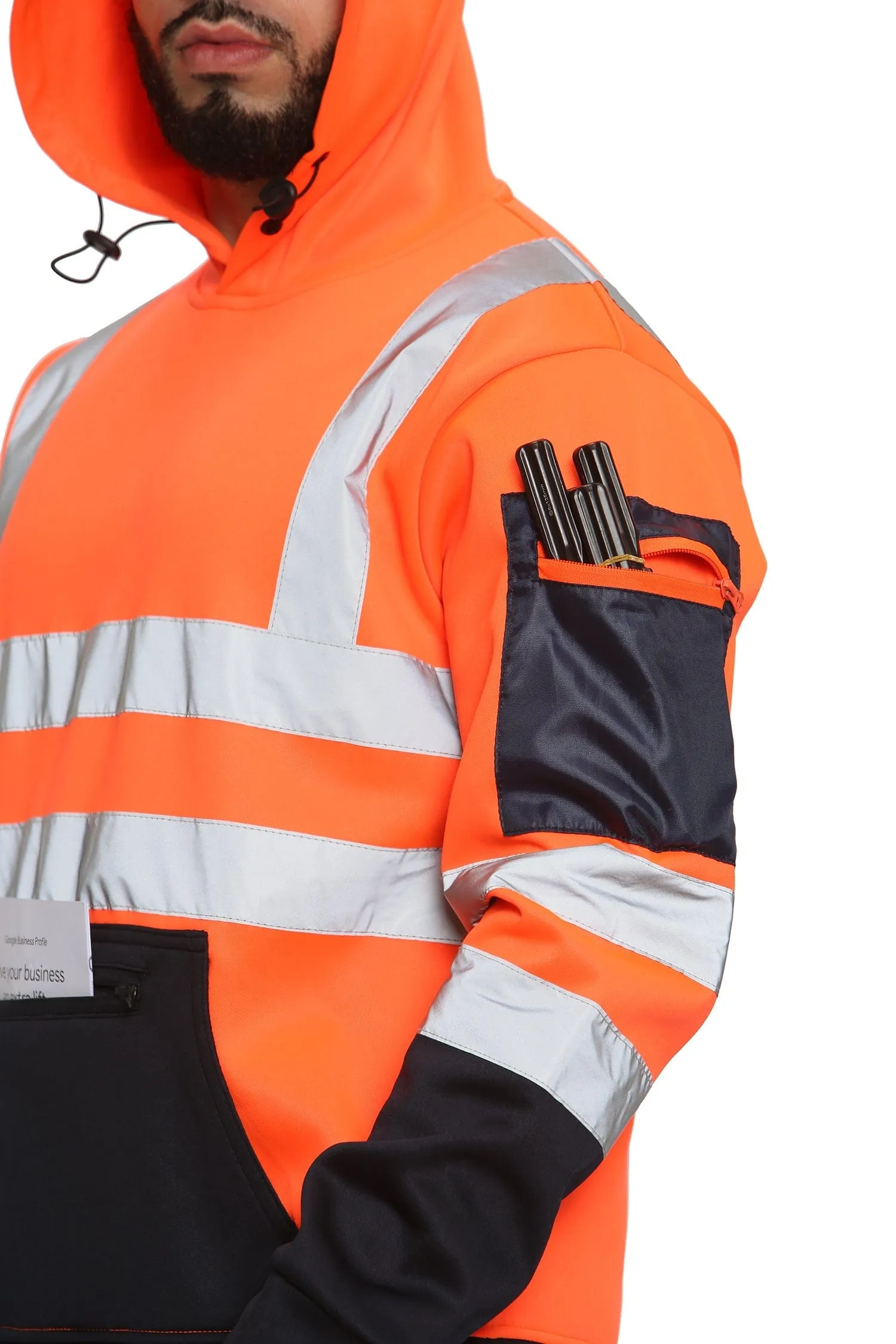High Vis 3 Zip Pockets Pullover Hoodies - Orange/Navy