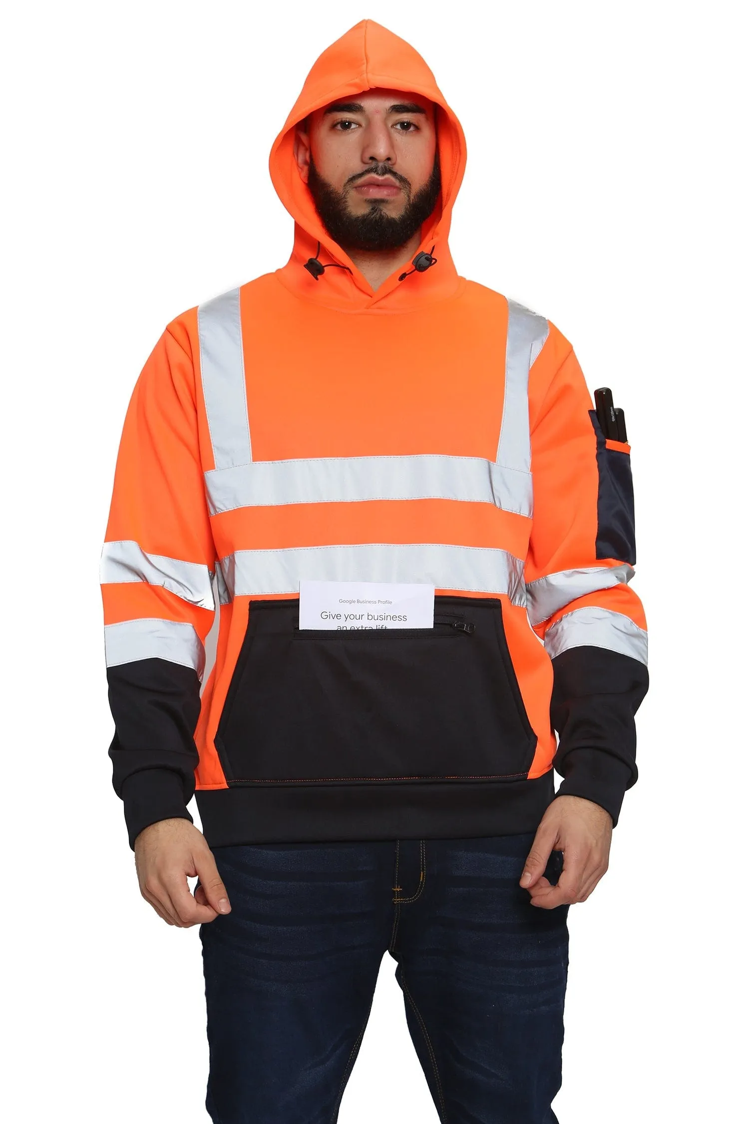 High Vis 3 Zip Pockets Pullover Hoodies - Orange/Navy
