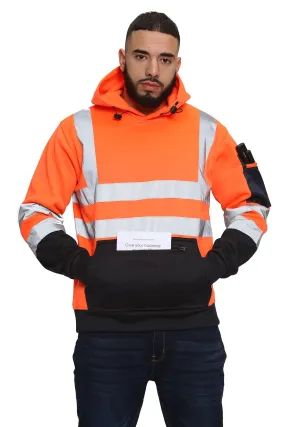 High Vis 3 Zip Pockets Pullover Hoodies - Orange/Navy