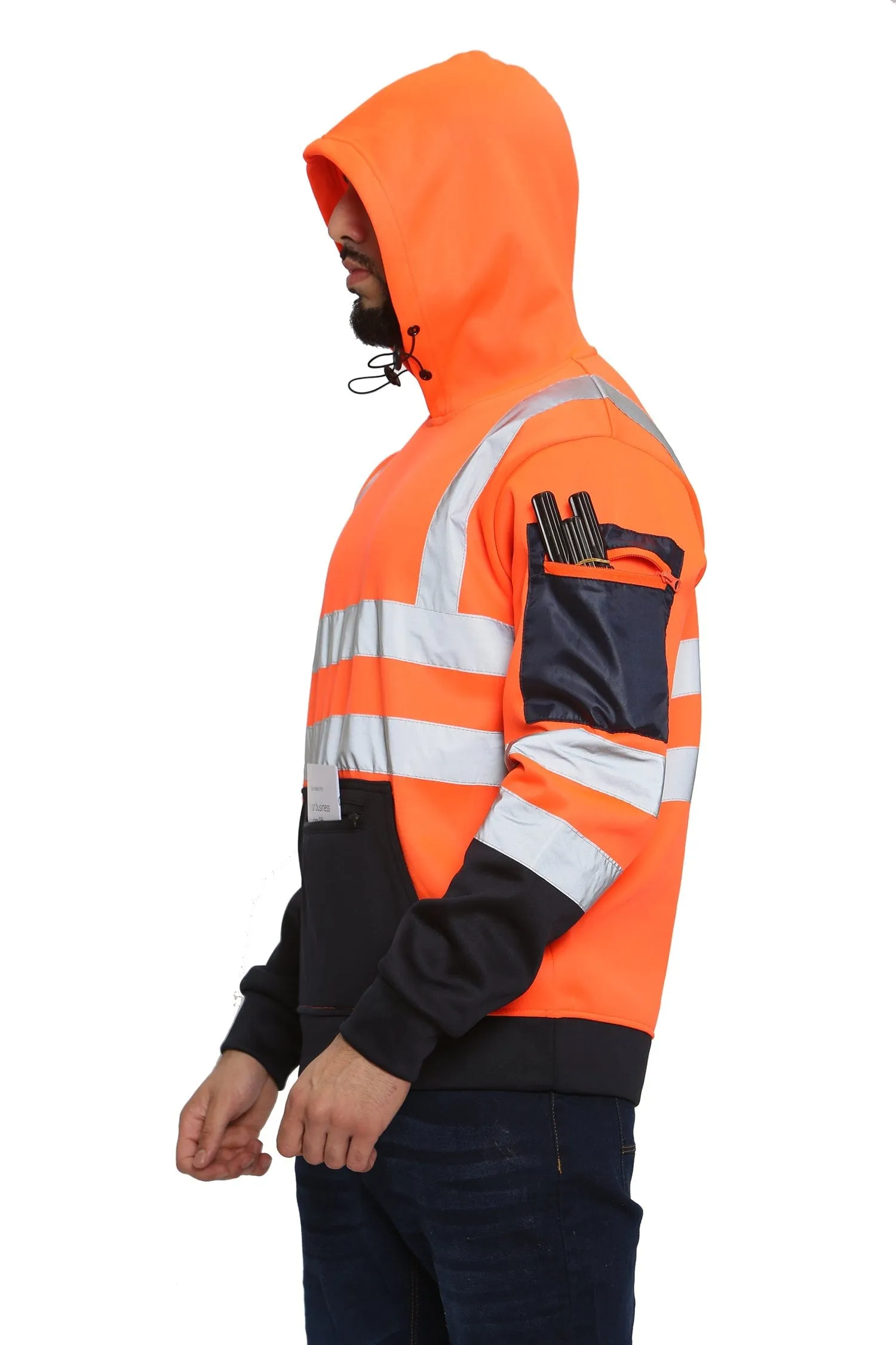High Vis 3 Zip Pockets Pullover Hoodies - Orange/Navy