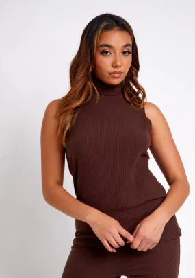 Janie Chocolate Brushed Rib High Neck Knitted Sleeveless Top