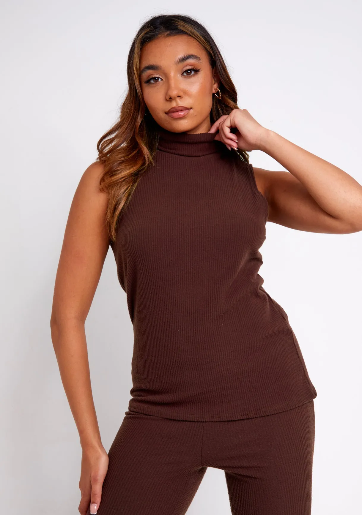 Janie Chocolate Brushed Rib High Neck Knitted Sleeveless Top
