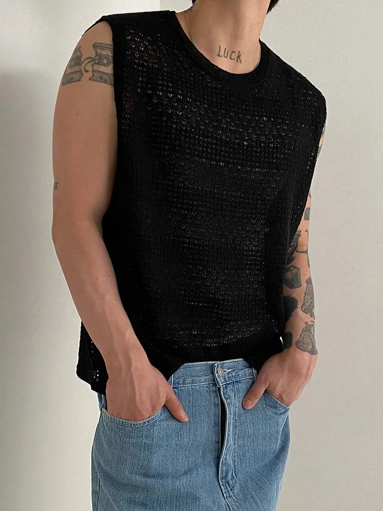 Jinquedai Hollow Out Knitted Tank Top For Men 2024 Summer Loose Sleeveless T-shirt Korean Style Trendy Round Collar Vests