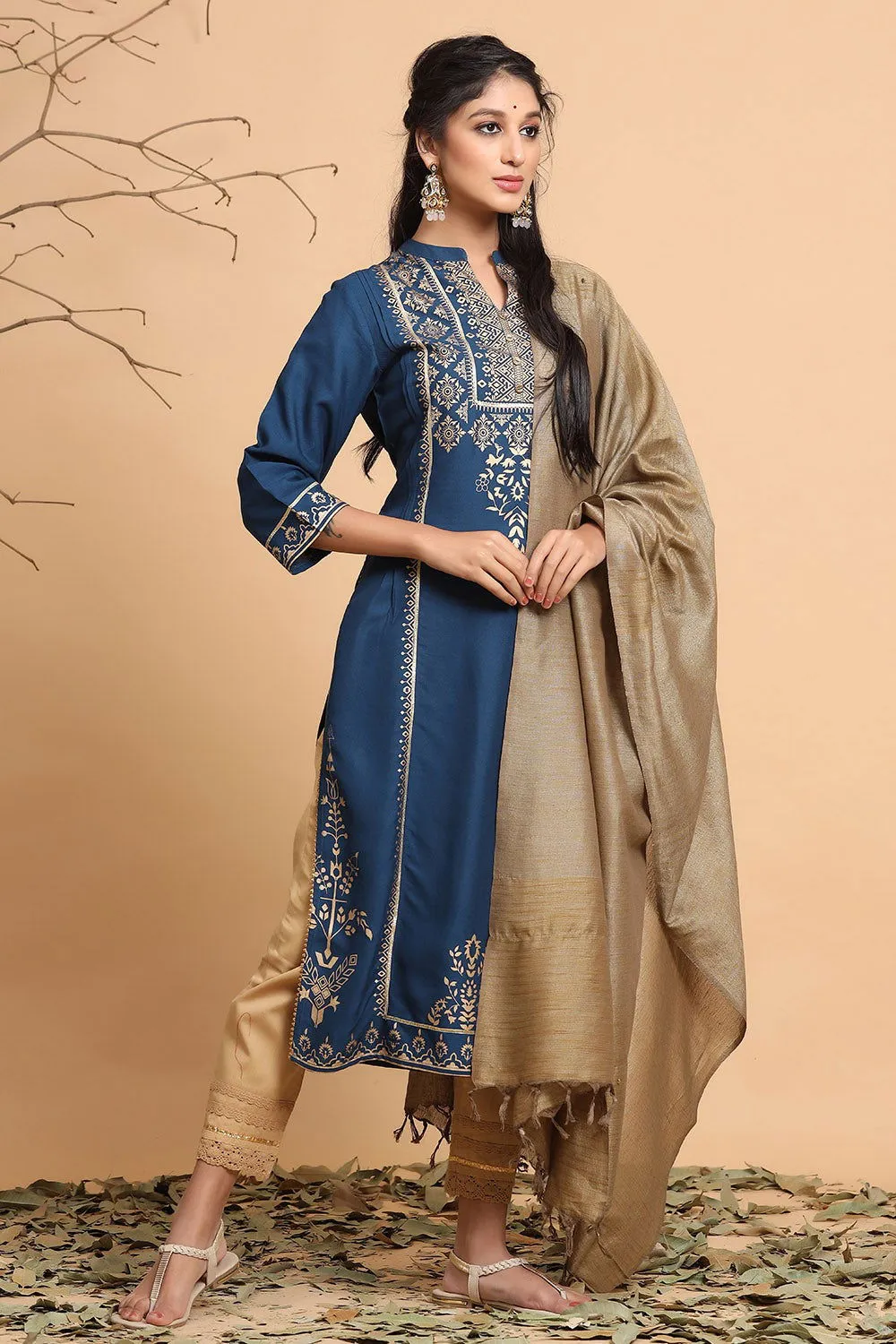Juniper Dark Teal Ethnic Motif Printed Rayon Straight Kurta & Dupatta Set With Buttons.