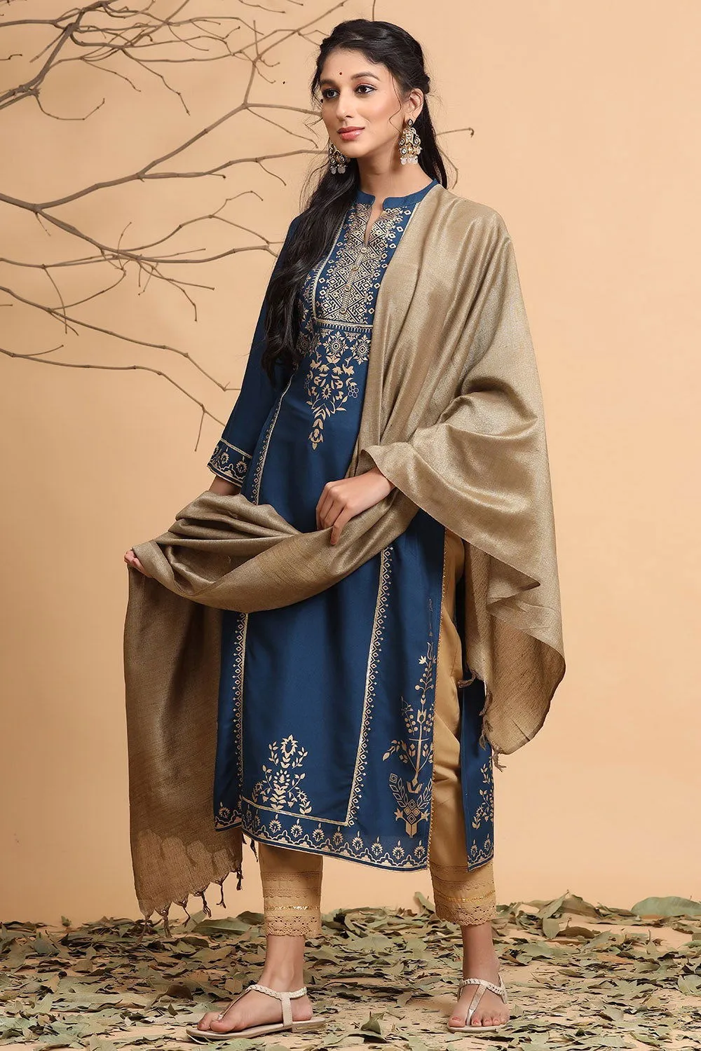 Juniper Dark Teal Ethnic Motif Printed Rayon Straight Kurta & Dupatta Set With Buttons.