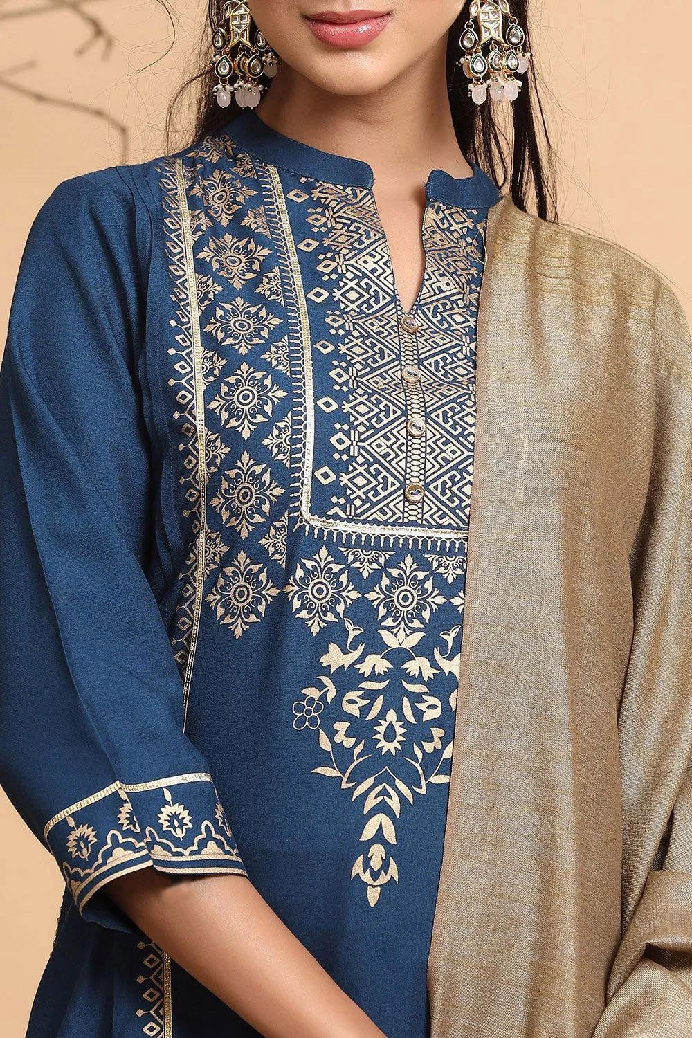 Juniper Dark Teal Ethnic Motif Printed Rayon Straight Kurta & Dupatta Set With Buttons.