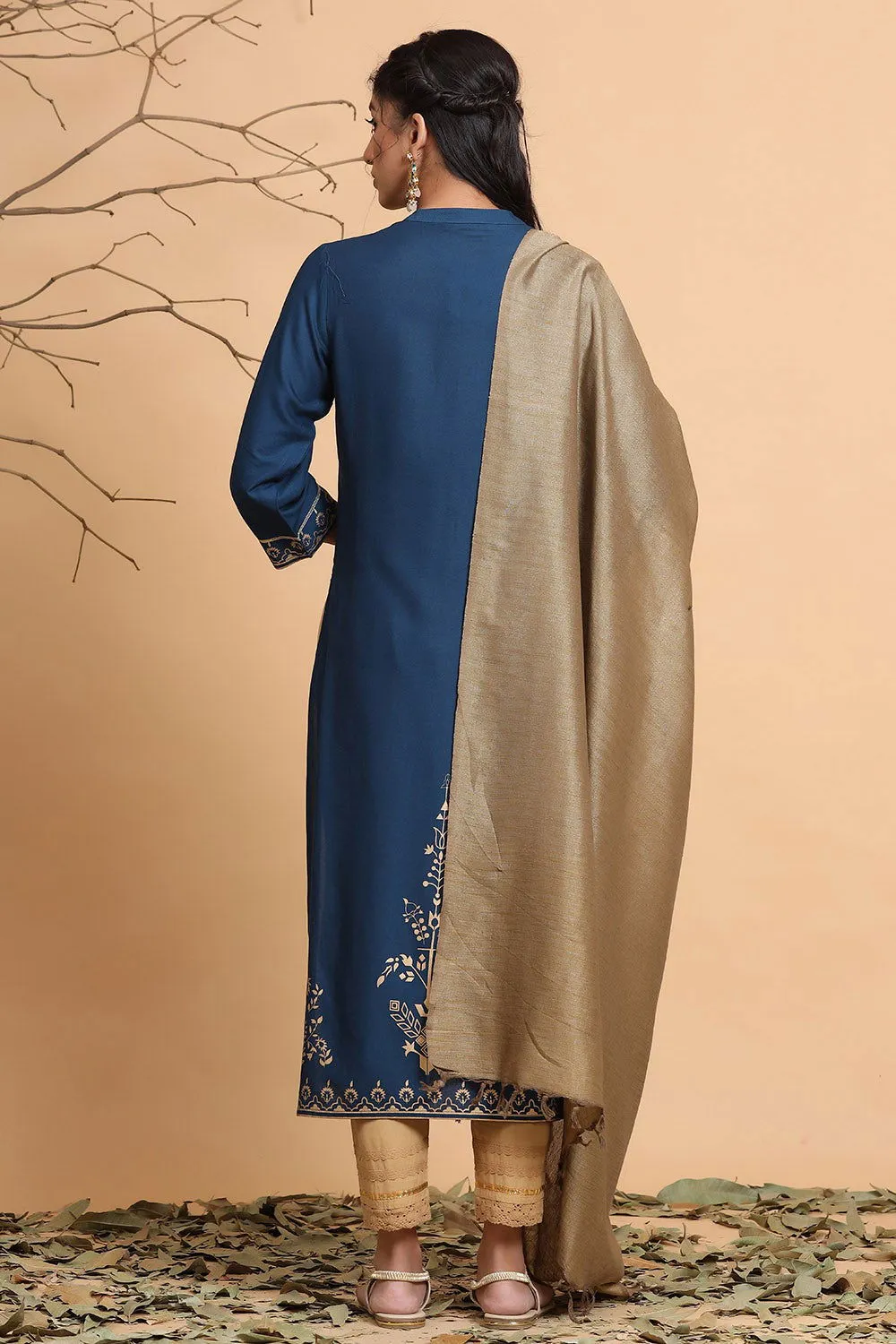 Juniper Dark Teal Ethnic Motif Printed Rayon Straight Kurta & Dupatta Set With Buttons.