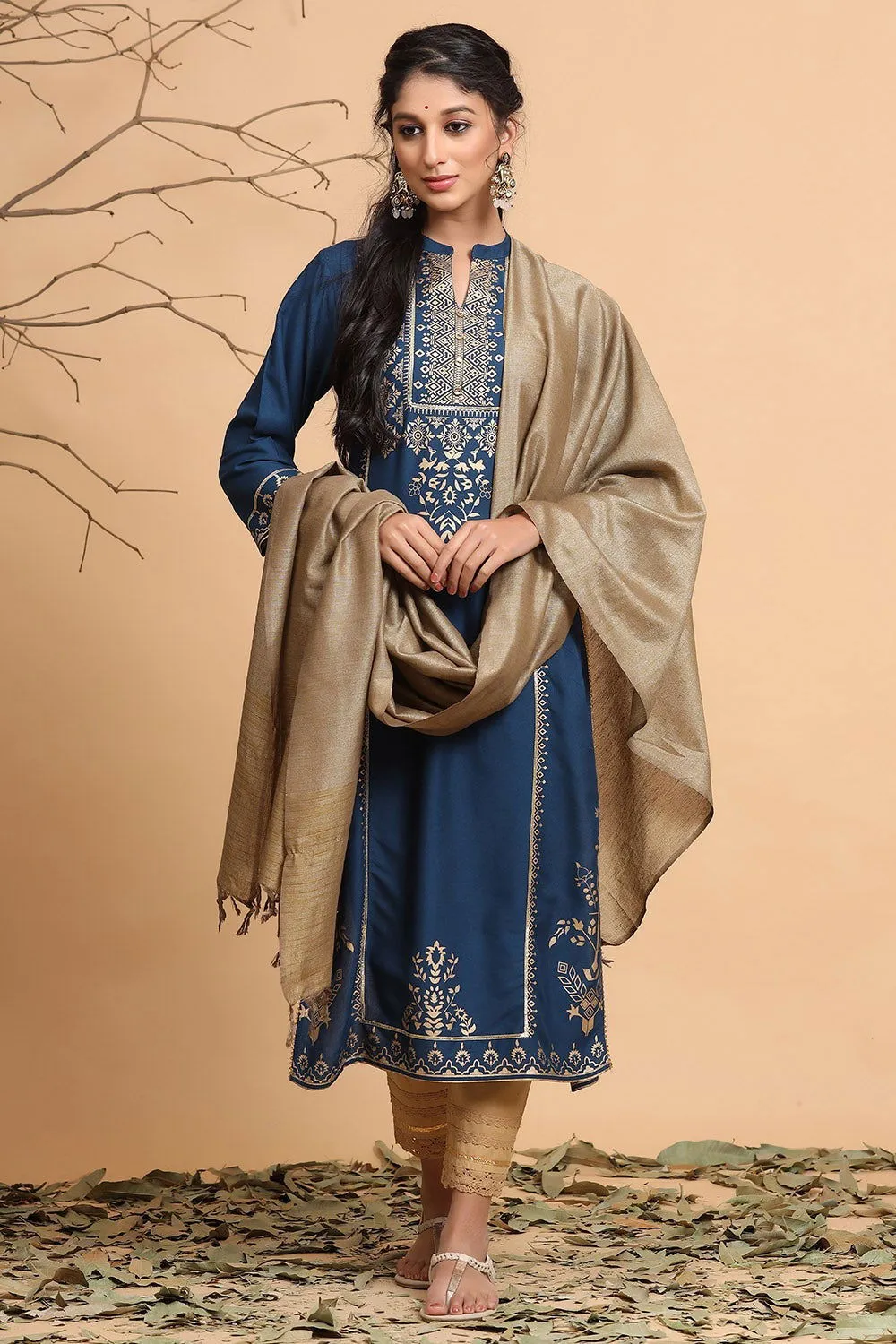 Juniper Dark Teal Ethnic Motif Printed Rayon Straight Kurta & Dupatta Set With Buttons.