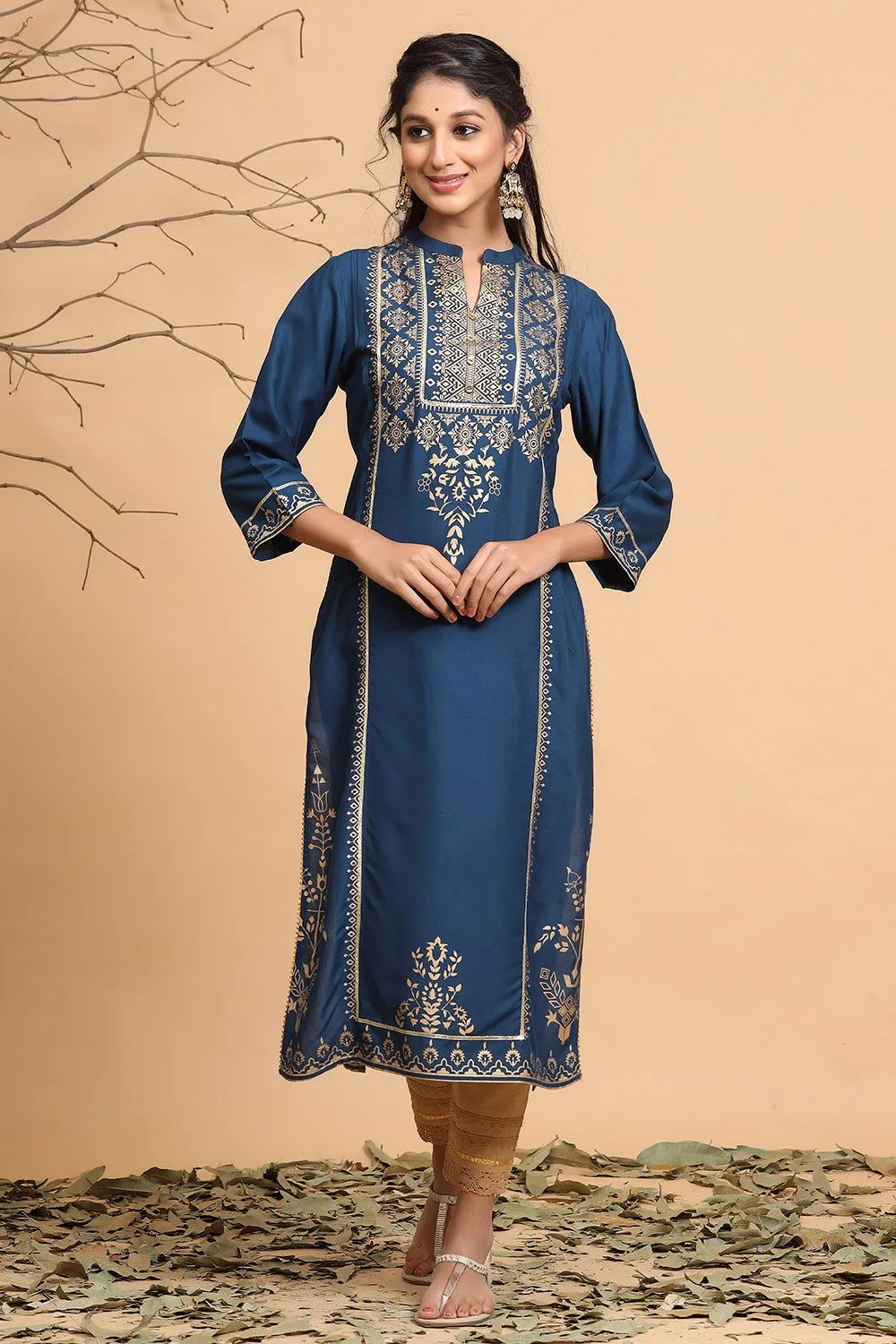 Juniper Dark Teal Ethnic Motif Printed Rayon Straight Kurta & Dupatta Set With Buttons.