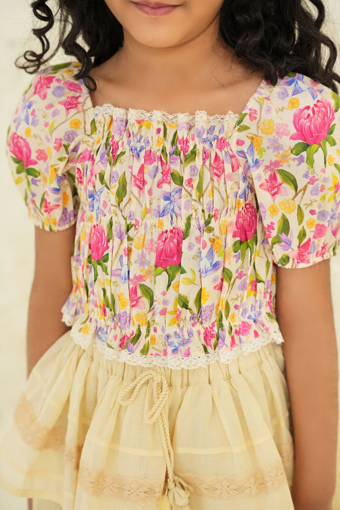 Kiara Cotton Flower Print Girls Top - Ecru garden