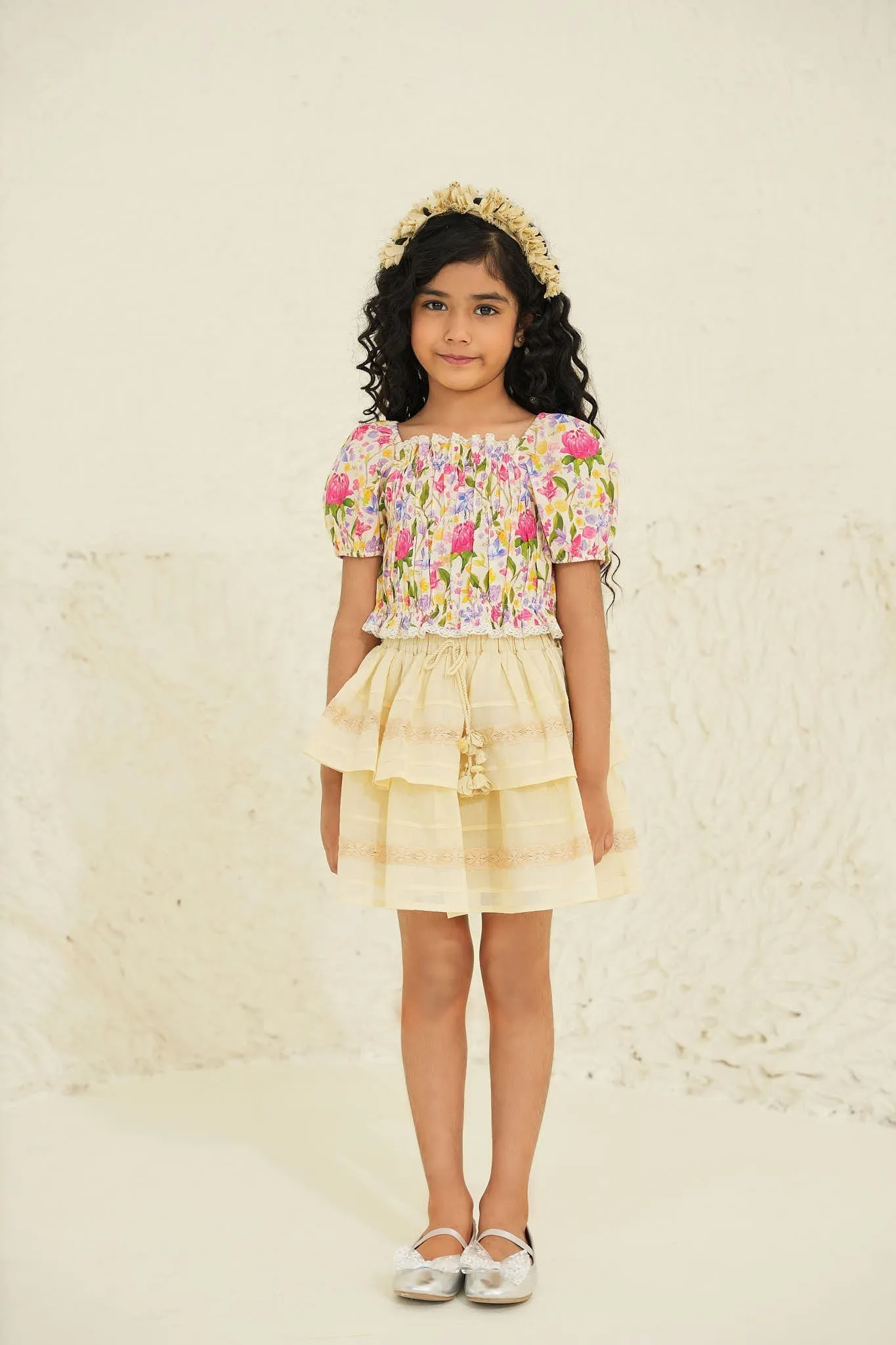 Kiara Cotton Flower Print Girls Top - Ecru garden