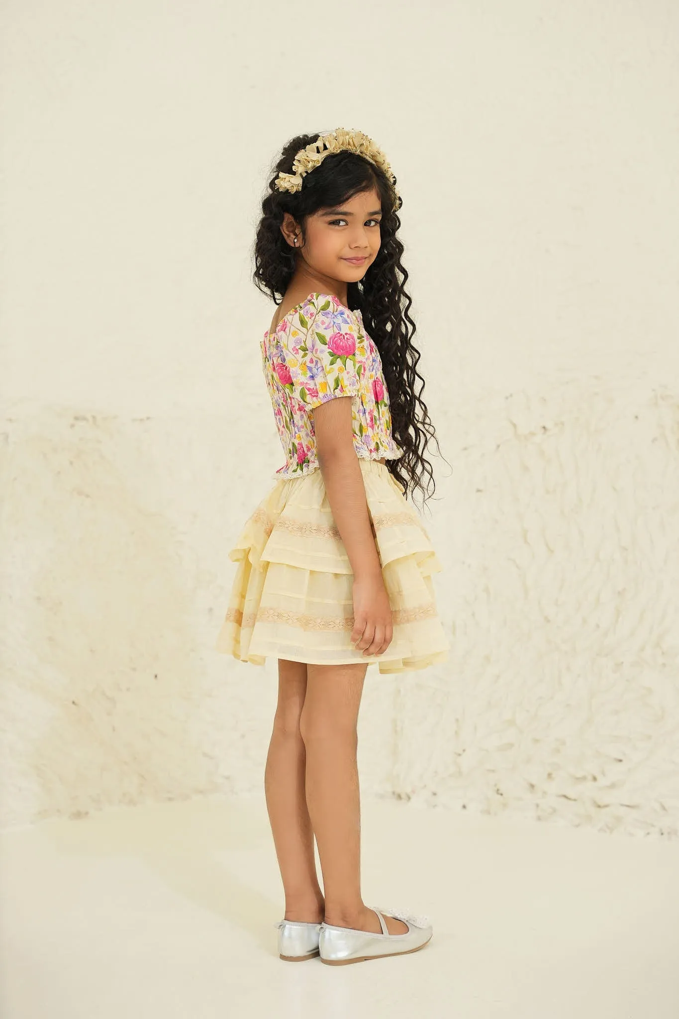 Kiara Cotton Flower Print Girls Top - Ecru garden