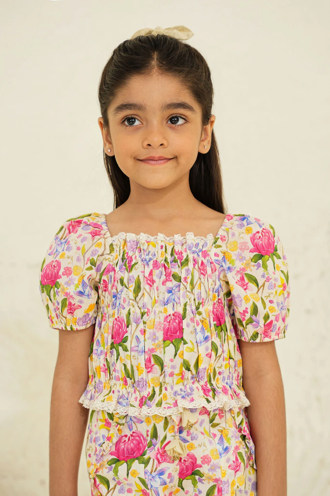 Kiara Cotton Flower Print Girls Top - Ecru garden