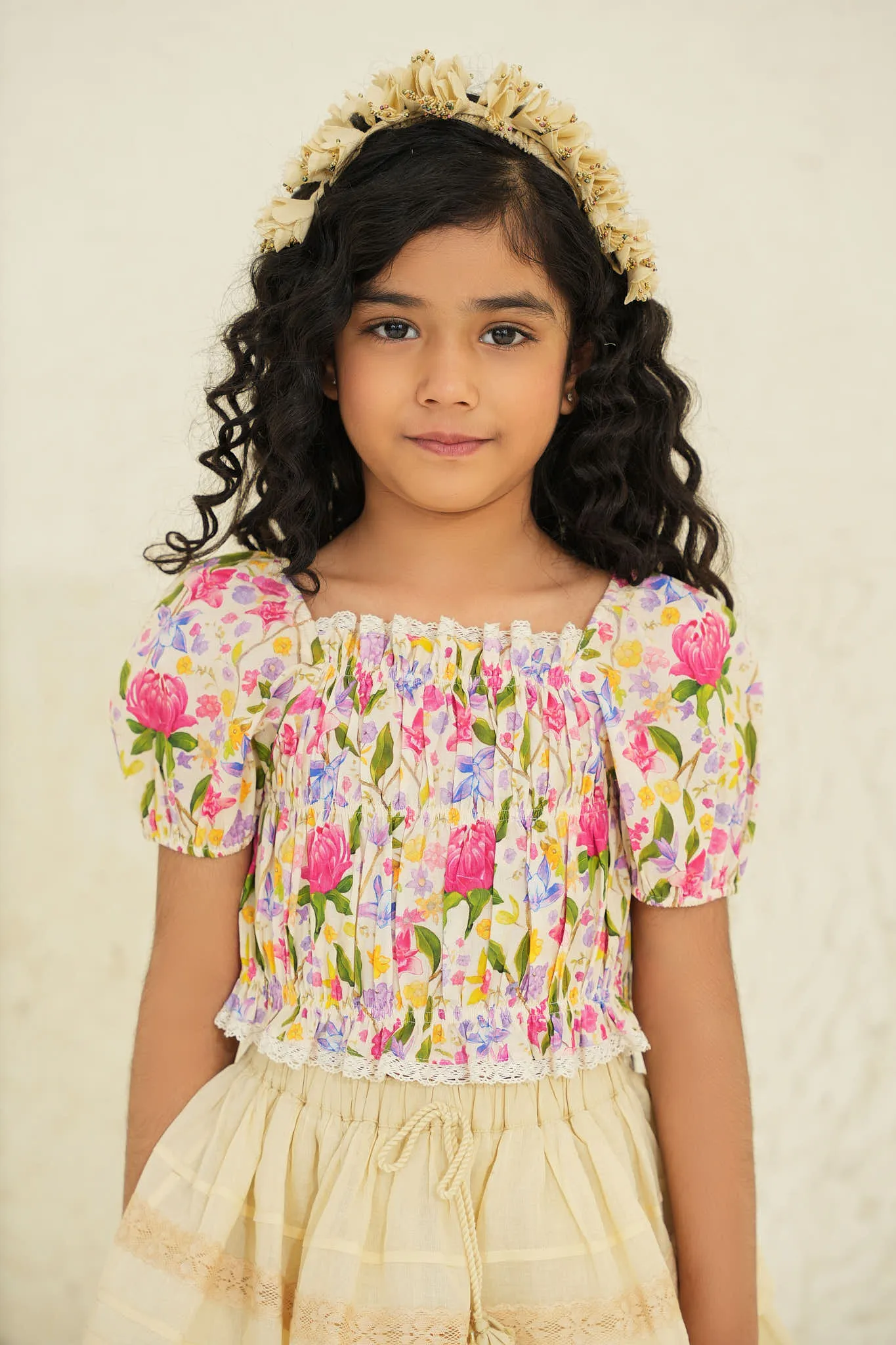 Kiara Cotton Flower Print Girls Top - Ecru garden