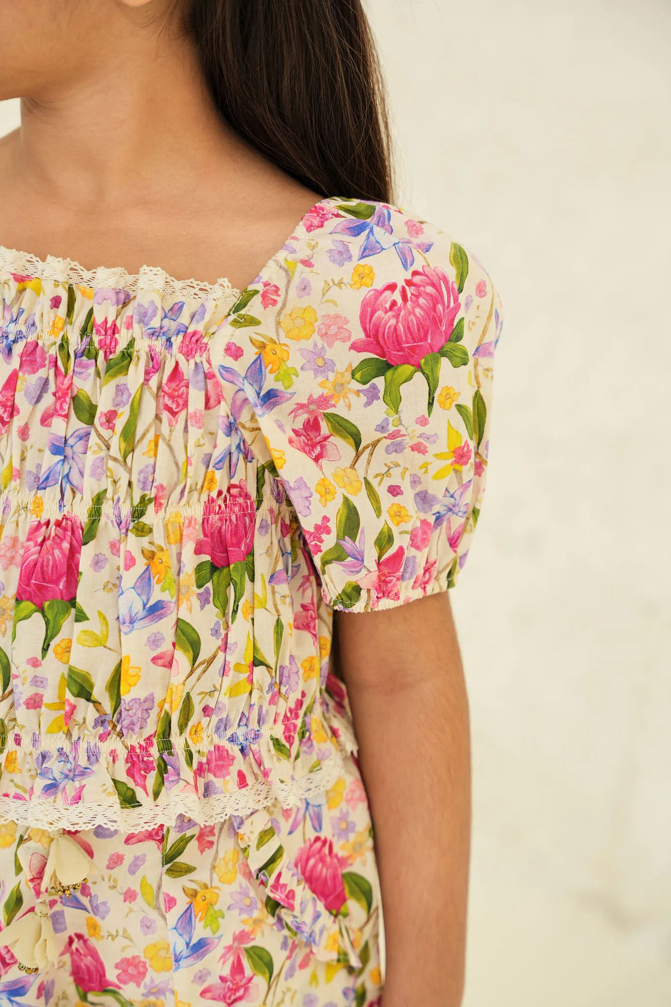 Kiara Cotton Flower Print Girls Top - Ecru garden