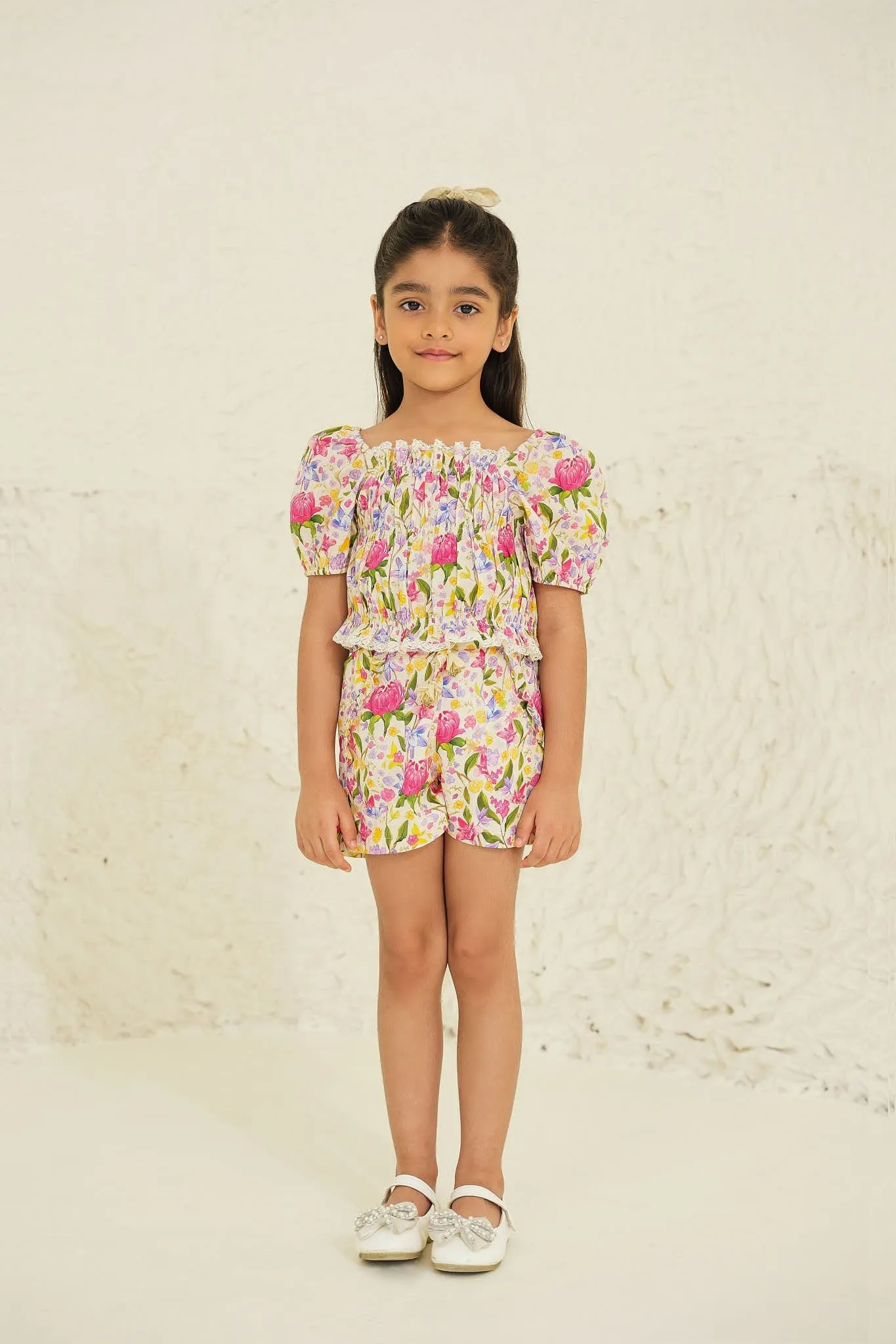 Kiara Cotton Flower Print Girls Top - Ecru garden