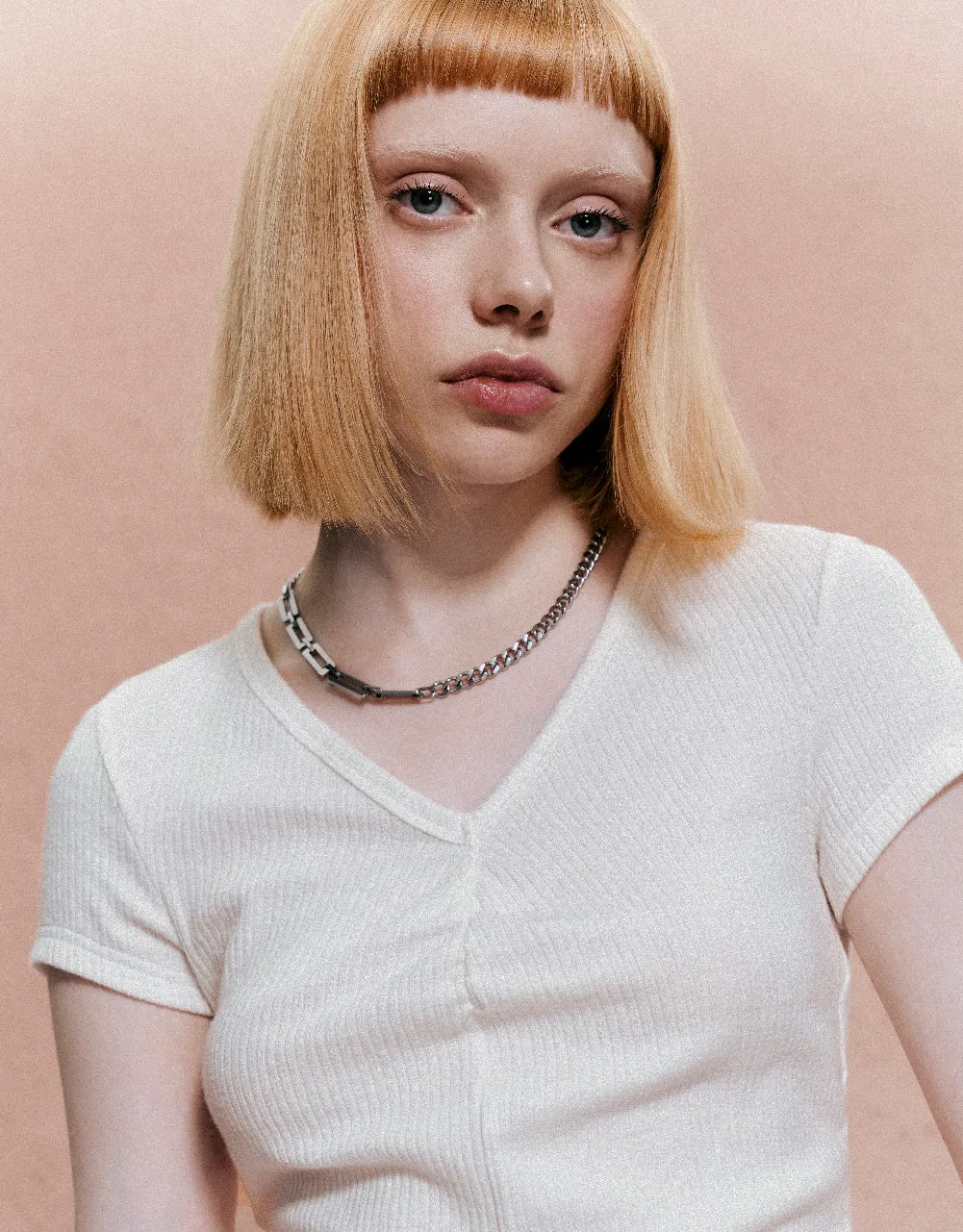 Knitted V-Neck Skinny T-Shirt