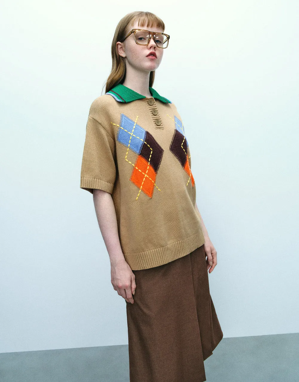 Loose Knitted T-Shirt With Polo Collar