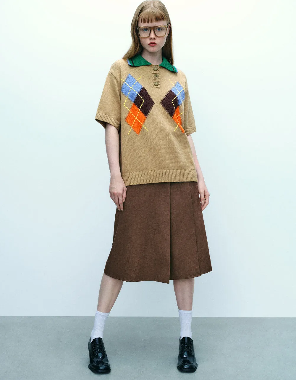Loose Knitted T-Shirt With Polo Collar