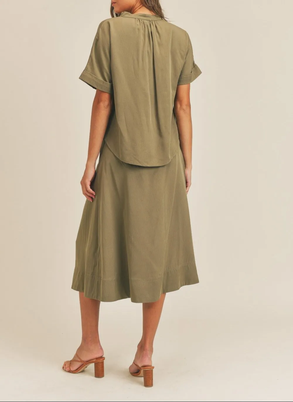 Mable Short Sleeve Top and Button Down Midi Skirt Set - Olive
