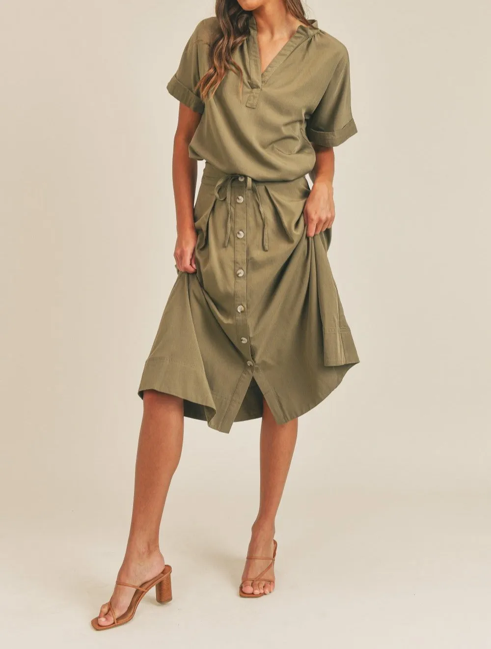Mable Short Sleeve Top and Button Down Midi Skirt Set - Olive