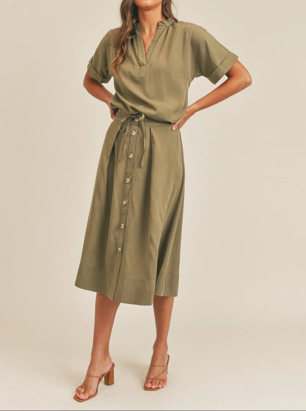 Mable Short Sleeve Top and Button Down Midi Skirt Set - Olive