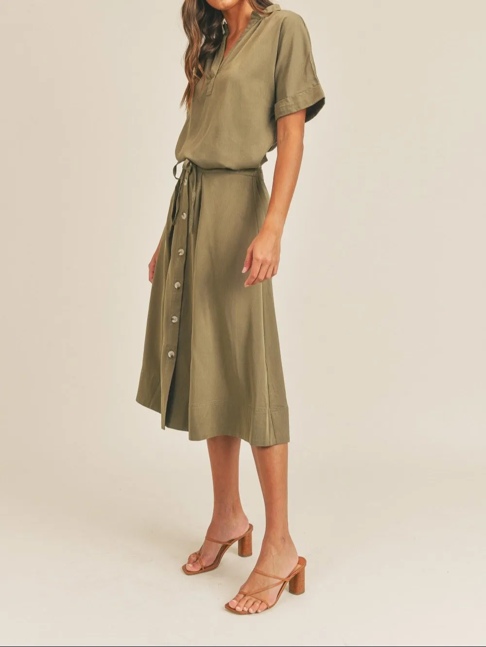 Mable Short Sleeve Top and Button Down Midi Skirt Set - Olive