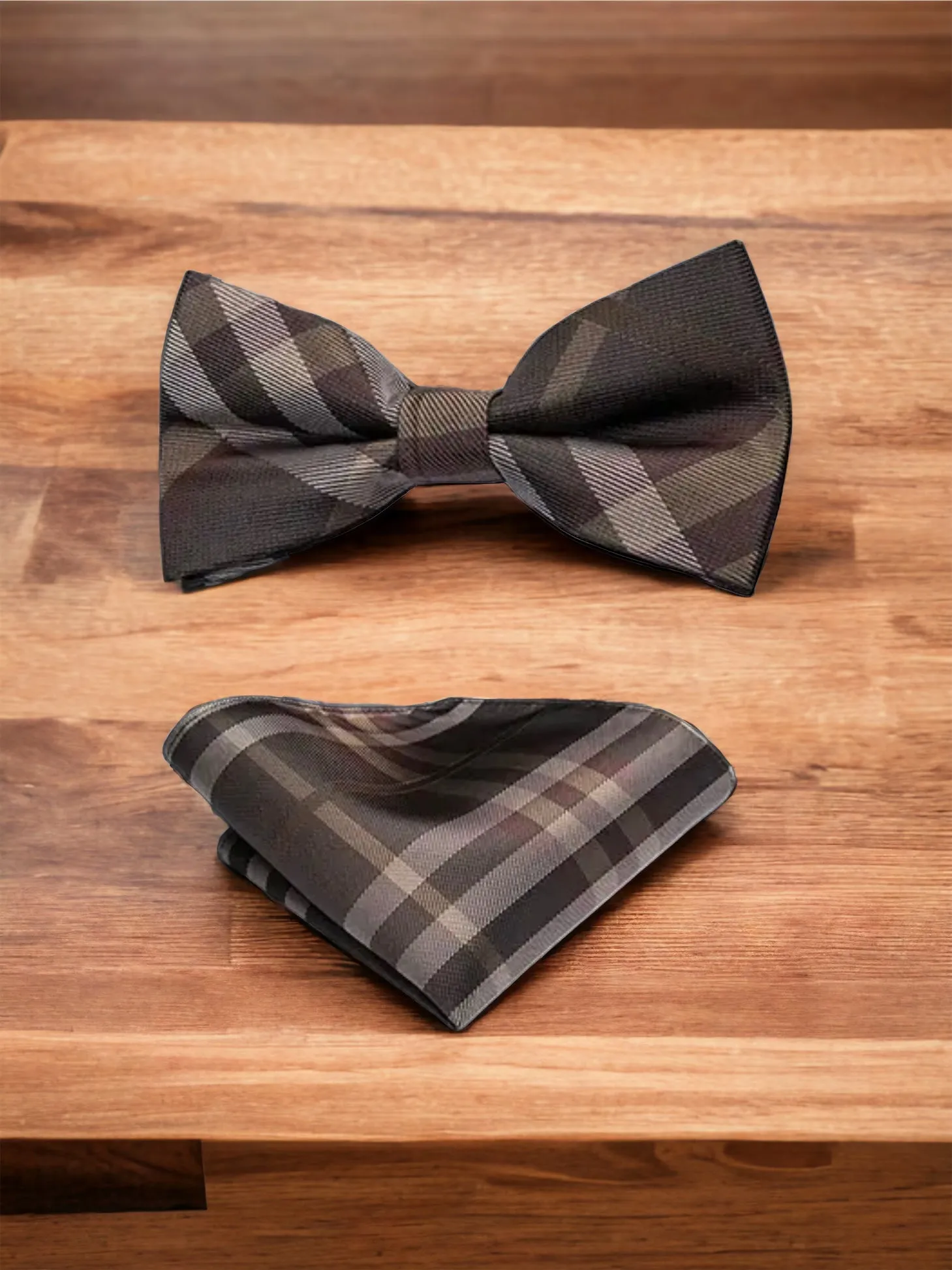 Men’s Silk Coordinated Black Bow Tie Set - Brown Plaid 0777