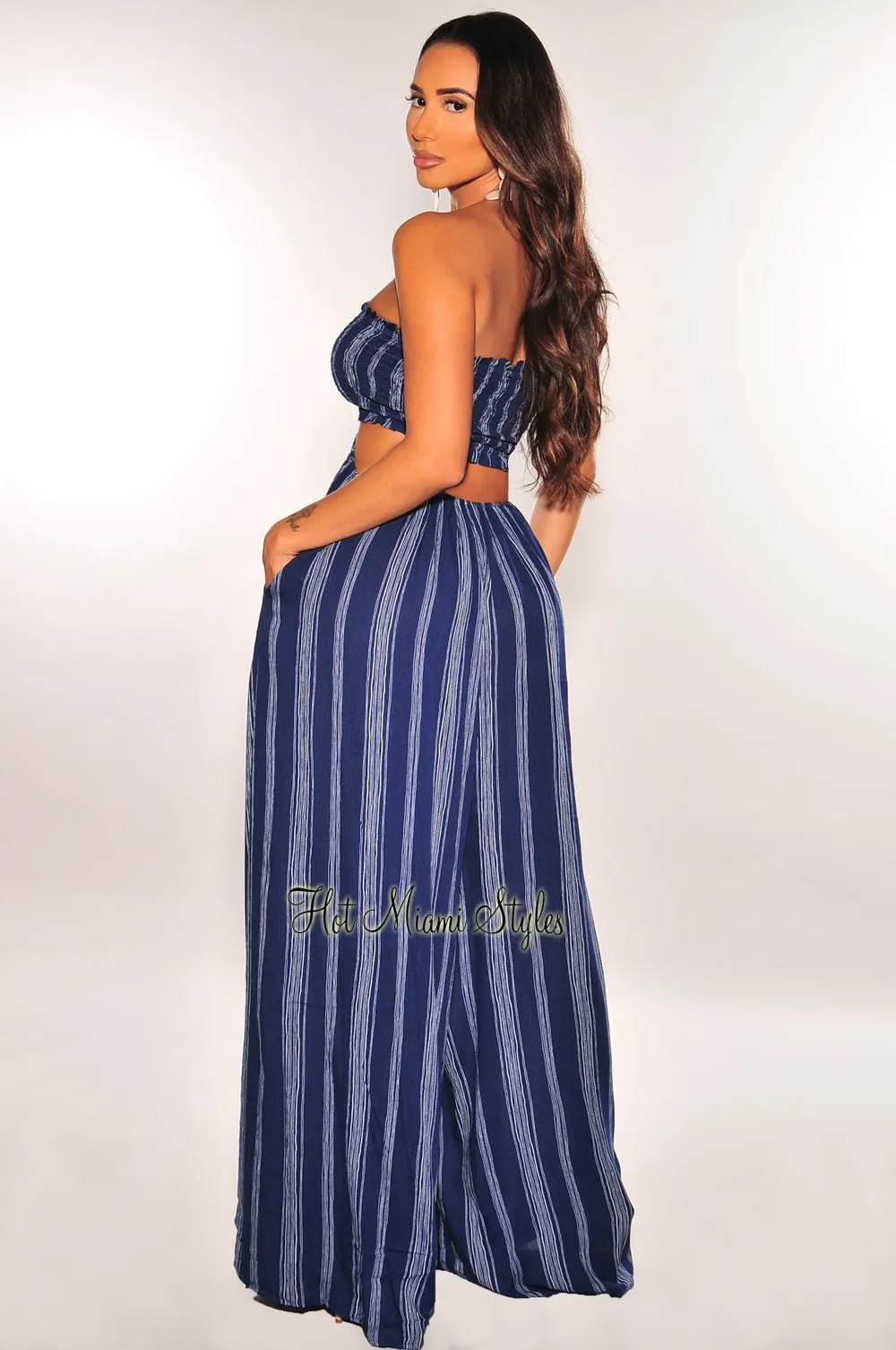 Navy Blue Striped Smocked Halter Drawstring Cut Out Jumpsuit