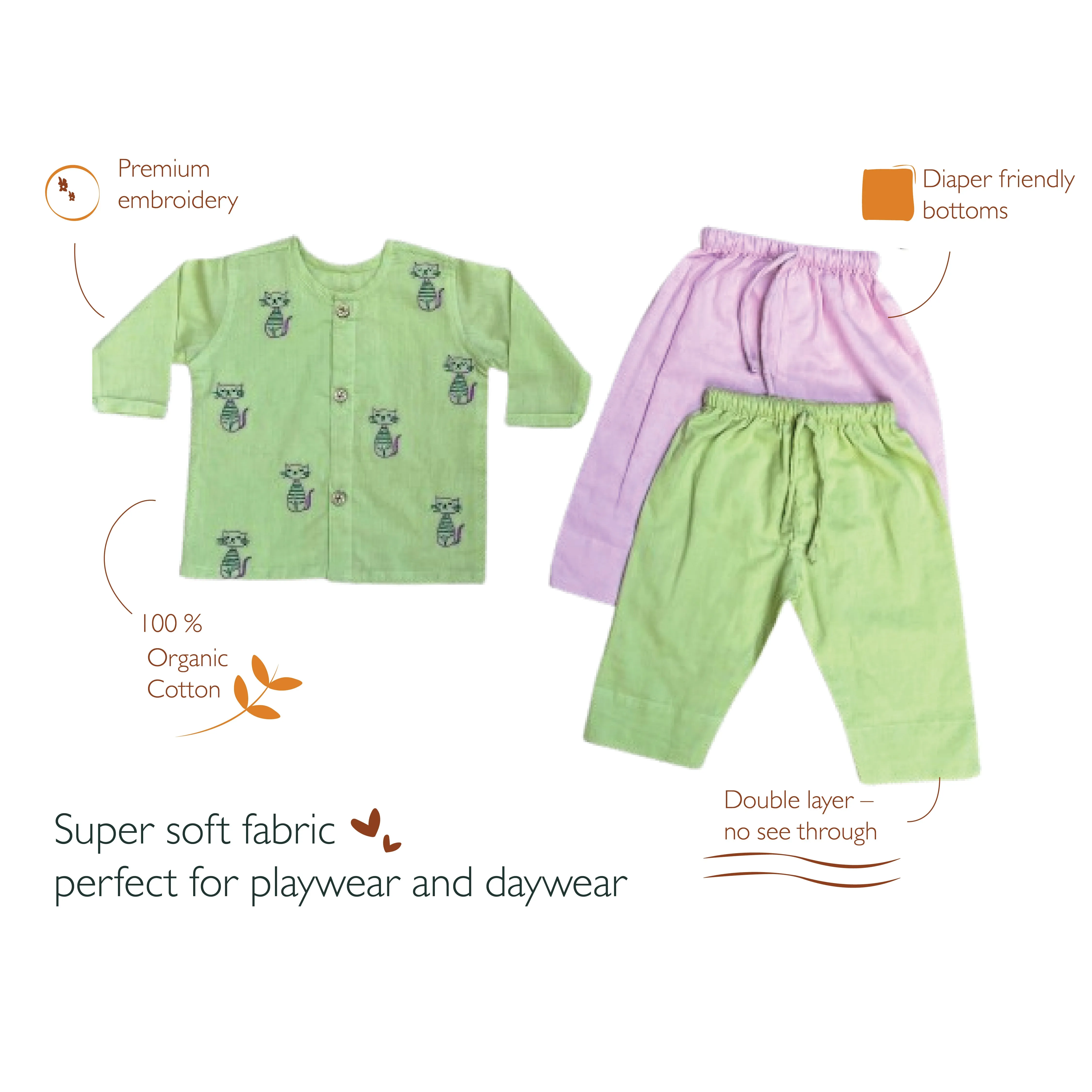 Organic Cotton Full Sleeves Jhabla with Two Pyjamas- cats